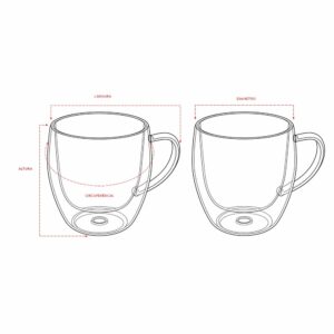 Desenho técnico da xícara com indicações visuais de altura, largura, circunferência e diâmetro